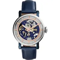 Fossil Automatisk Mekanisk Herrklocka har ett roséguldhölje, blå rund urtavla, läderarmband. mångsidigt snyggt tillbehör vardag födelsedag ME3136 blå