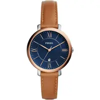 Fossil Jacqueline Damklocka - 36mm Blå Urtavla Brun Läderrem, Roséguld Accenter Gåva ES4274 brun
