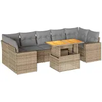 vidaXL Matgrupp för trädgården med dynor 8 delar beige konstrotting
