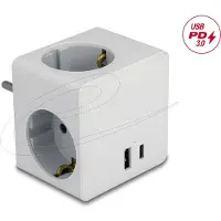 DeLOCK eluttagskub 3-vägs med barnsäkerhetslås och USB PD 3.0-laddare 20 W vit