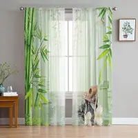 Yiran Furniture Bambu Zen Kinesisk Stil Skira Gardiner Vardagsrum Fönster Tyll Gardiner För Sovrum Kök Heminredning Voile Draperier W135 x H160cm x2&Grommet Top