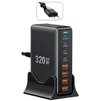 Essager 320W GaN Multi-Port Stationär Laddare - 4x USB-A & 4x Typ-C Portar, EU-kontakt - Svart