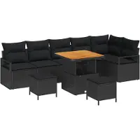 vidaXL Trädgårdsoffset med kudde 9 pcs Svart Poly rattan