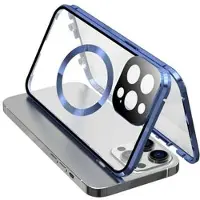 Mtp Products Kompatibel med MagSafe-fodral för iPhone 15 Pro Magnetisk metallram + dubbelsidigt mobilskal i härdat glas med spänne - Mörkblå