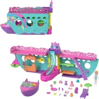 Polly Pocket Portable Boat Playset med vattenlek & frgbytestillbehr Unicorn Dream Cruise innehller 1 docka och totalt 23 bitar