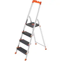 Songmics Stege 4 trappsteg, aluminiumstege med 12 cm breda trappsteg, hopfällbar stege med verktygsbricka och halkskydd, max. Statisk bel