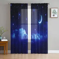 Yiran Furniture Hav Solnedgång Måne Stjärnor Skira Gardiner Vardagsrumsfönster Tyllgardiner För Sovrum Kök Hemdekoration Voile Draperier W135 x H115cm x1&Grommet Top blue