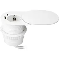 ORNO möbeluttag Ø6 cm, infällt i bänkskiva med skjutbart lock, USB-laddare och 1,9 m kabel, 1x2P+Z (Schuko), 2xUSB (A+C-typ PD20W), vit