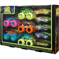 Hot Wheels Monster Trucks 10-Pack Glow-in-the-Dark 1:64 Skala Fordon, 5 Lastbilar & 5 Bilar