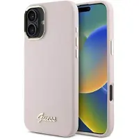 GUESS Silikon Script Metal Logo & Frame iPhone 16 Plus Fodral - Rosa