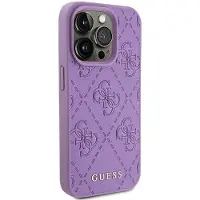 GUESS 4G-stämplat läderfodral för iPhone 15 Pro Max - lila