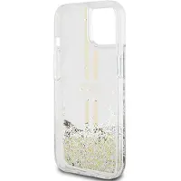 GUESS Liquid Glitter Gold Stripes-fodral för iPhone 15 Plus / 14 Plus - transparent