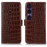 Mtp Products Sony Xperia 1 VII Crocodile Serie Läder Plånboksfodral med RFID - Brun