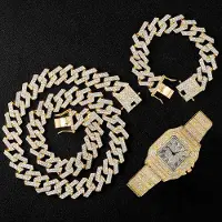 YIRAN Jewelry 20mm Halsband +Klocka +Armband Hip Hop Miami Curb Cuban Chain Iced Out Asfalterad Strass Cz Bling Rapper For Men Smycken 8 inch with 18 inch beige