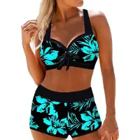 Fungogo 2 st/set Snygg dam baddräkt set med blommönster Andas boxare Halter hals dam bikini set för stranden L grön
