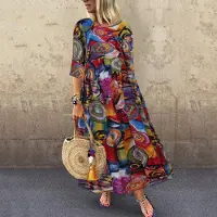 ZANZEA Bohemia kvinnor blommönster 3/4 ärm Casual lång klänning M röd