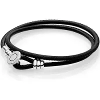 POMOiii Flerfärgat dubbelt läder med logotyp Knäpplås 925 Sterling Silver Armband Passar Mode Original Armring Bead Charm Gör-det-själv smycken 35CM black