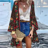 Scotland Dam sommar helärmad vintage kimono Casual cardigans Plus storlek Beach Coverups XXXXXL black