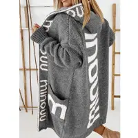 Fashion bag01 Stickad tröja Vinter Medium Lång Cardigan Letter Hooded Stickad Damtröja M grå