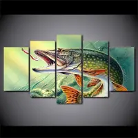 Aidegou22 5-delad canvaskonst fiske krokad gädda fisk affisch och tryck canvas målning väggbilder för vardagsrum heminredning CU-1460A 20x35cm*2 20x45cm*2 20x55cm*1 gray