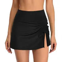 Yoxier Simkjol med hög midja Baddräkt för kvinnor Kjol med rynkad slits bikinibotten för kvinnor Sport Yoga Shorts Kjol Solid badbotten M svart