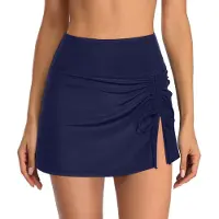 Yoxier Simkjol med hög midja Baddräkt för kvinnor Kjol med rynkad slits bikinibotten för kvinnor Sport Yoga Shorts Kjol Solid badbotten XL marinblå färg