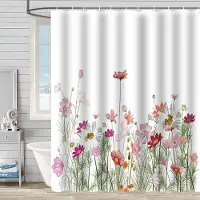 SICOMO Blommig duschdraperi 180 x 180 cm Växter Badrumsgardin Vattentät polyestertyg Badkargardin med 12 krokar Lila Boho Duschdraperier 008