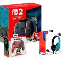 Nintendo Switch 2 + Mario Kart World + Handkontroll Glow Super Icon + Neonblått & Rött Headset