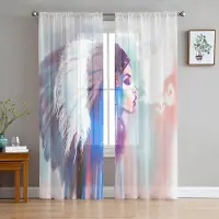 Yiran Furniture Indiska blommor Tyll Gardiner för vardagsrum Tryckt skir voile Gardin för sovrum Fönster Avskärmning Draperier Persienner Heminredning W135 x H115cm x1&Grommet Top white