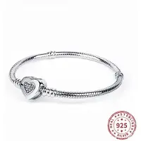 Yiran pet products Äkta 925 Sterling Silver Glänsande Kristall Härligt Hjärtlås Ormkedja Armband Bead Charm Dam Armband Smycken 20cm silver