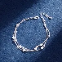 YIRAN Jewelry 925 Sterling Silver Dubbla Lager Stjärnor Pärlor Armband För Kvinnor Elegant Låskedja Berlockarmband Födelsedagsfest Gåva blue