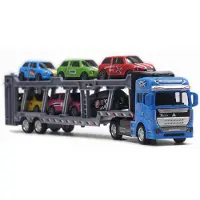 Fourall- Model Cars 1/50 skala gjutna metallleksaksbilar semibärare lastbil med 6st minibilar, lekset i legerat leksaksfordon för barn pojkar Julfödelsedagspresent 1/50-Size:32.2*9*4.5cm blå