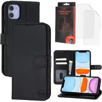 Mtp Products iPhone 11 MyTPhone CardMate MagSafe plånboksfodral i läder med korthållare, stativ, 2x skärmskydd - svart