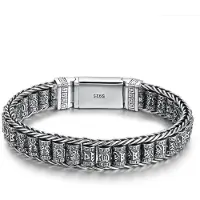 Yiran pet products Handgjorda Kreativa Buddhistiska Skrifter Armband Mäns Sterling Silver Transfer Pärlor Retro Sex tecken Mantra Personlighet 20cm gray