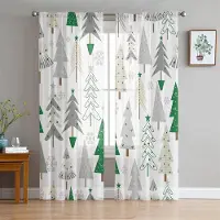 Yiran Furniture Tecknad Merry Christmas Tree Bells Village Snöar Tyll Skir Voile Fönstergardiner Persienner för vardagsrummet Sovrum Heminredning W65X60H(cm)X2Pcs&Grommet Top white