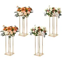 Vevor 4 ST Guldfärgad Metallpelare Bröllopsblomstställ, 23,6 tum / 60 cm högt med metalllaminat, Vasgeometriskt mittpunktsställ, Cylindriskt blomsterställ för evenemangsmottagning, Festvägleder