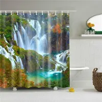 Household supplies MH Modern 3D-utskrift skog duschdraperi Grön växt Träd Landskap Badkar Gardin med krokar för badrum vattentät landskap W90xH180cm