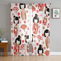 Household supplies MH Kimono Japansk Kvinnlig Geisha Gardin För Vardagsrum Transparent Tyll Gardiner Fönster Skirt För Sovrummet Tillbehör Inredning W50H130(CM)x2pcs&Grommet Top