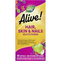 Nature'S Way , Alive! Hår, Hud & Nävar Multi-Vitamin, Jordgubbe, 60 Mjukgels