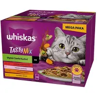 Whiskas Adult Tasty Mix Kockens Val i sås 24x85 g bitar med nötkött, lax, kyckling och kalkon, kyckling och torsk för vuxna katter