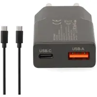 Ginza.se Nedis Väggladdare | 30 W | GaN | PD3.0 | 1.5 / 2.0 / 2.5 / 3.0 A | Antal utgångar: 2 | USB-A / USB-C(tm) | USB Type-C(tm) (Lös) Kabel | 1.50 m | Automatiskt val av Spänning | Svart