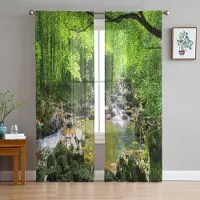 Yiran Furniture Grön skog Sol Naturligt landskap Tyll Skira fönstergardiner för vardagsrum i sovrummet Moderna Voile Organza Gardiner Draperier W135 x H115cm x1&Rod Pocket