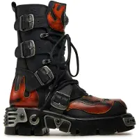New rock Flame Accented Biker Skull Boots i svart/rött läder - 107-S1