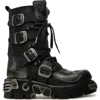 New rock Flame Accented Biker Boots i svart/silverfärgat läder - 107-S2