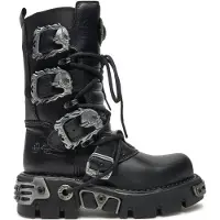 New rock Svarta Mid-Calf Gothic läderstövlar-391-S1