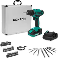 Vonroc Batteridriven Borrmaskin 20V | Inkl. 2.0Ah Batteri, Laddare och 46 tillbehör i premiumväska