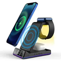Mtp Products Z6 hopfällbar 5-i-1 15W magnetisk trådlös laddare med flashigt atmosfärljus/digitalklocka Multifunktionellt trådlöst laddningsstativ