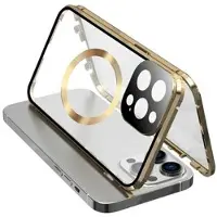 Mtp Products Dubbelsidigt skal med härdat glas + magnetisk metallram för iPhone 15 Kompatibelt med MagSafe telefonskydd med spänne - guld