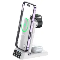Mtp Products A60 4-i-1 15W trådlös laddare Fällbart laddningsställ för mobiltelefon Headset Laddningsstation för smart klocka med klocka (för Apple Watch) - Vit