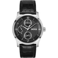 BOSS PRINCIPLE MASTER Black-textured-dial watch with leather strap